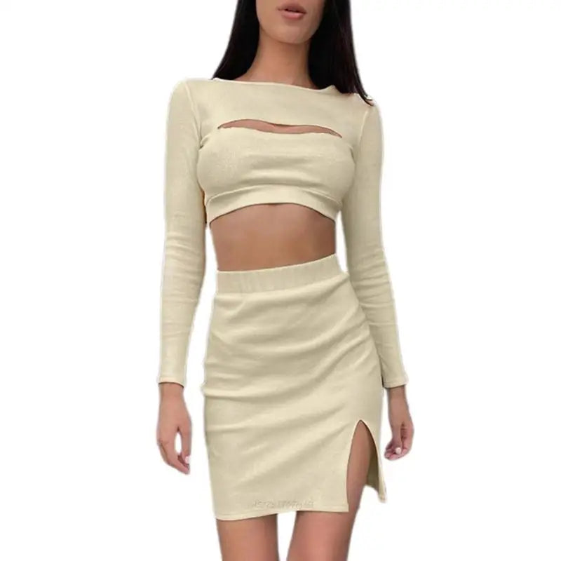 X5XA Womens Summer Solid Color 2 Piece Outfit Hollow Out Long Sleeve Crop Tops and Bodycon Mini Skirt Set Sexy Y2K Outfits