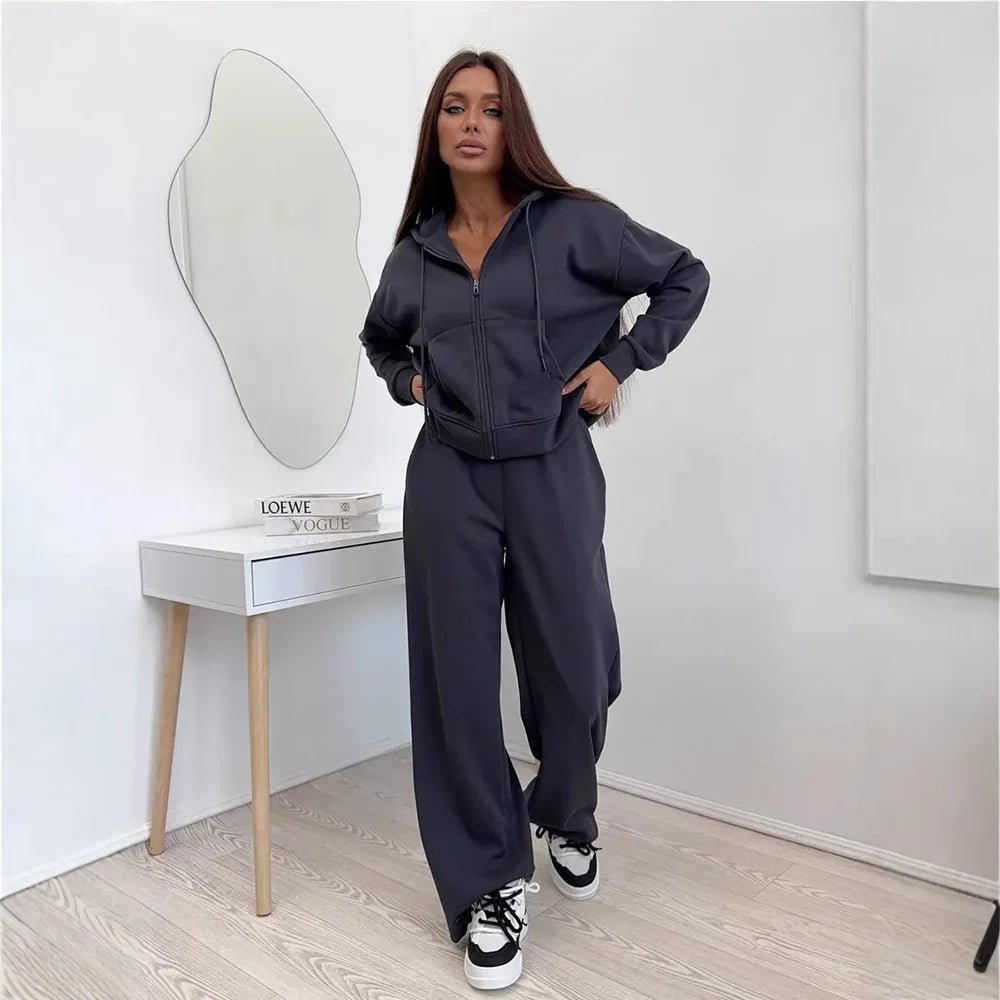 Women's Casual Hooded Cardigan Sweater And Trousers Two-Piece Set Long Sve Zipper Closure Summer Faion Outfit