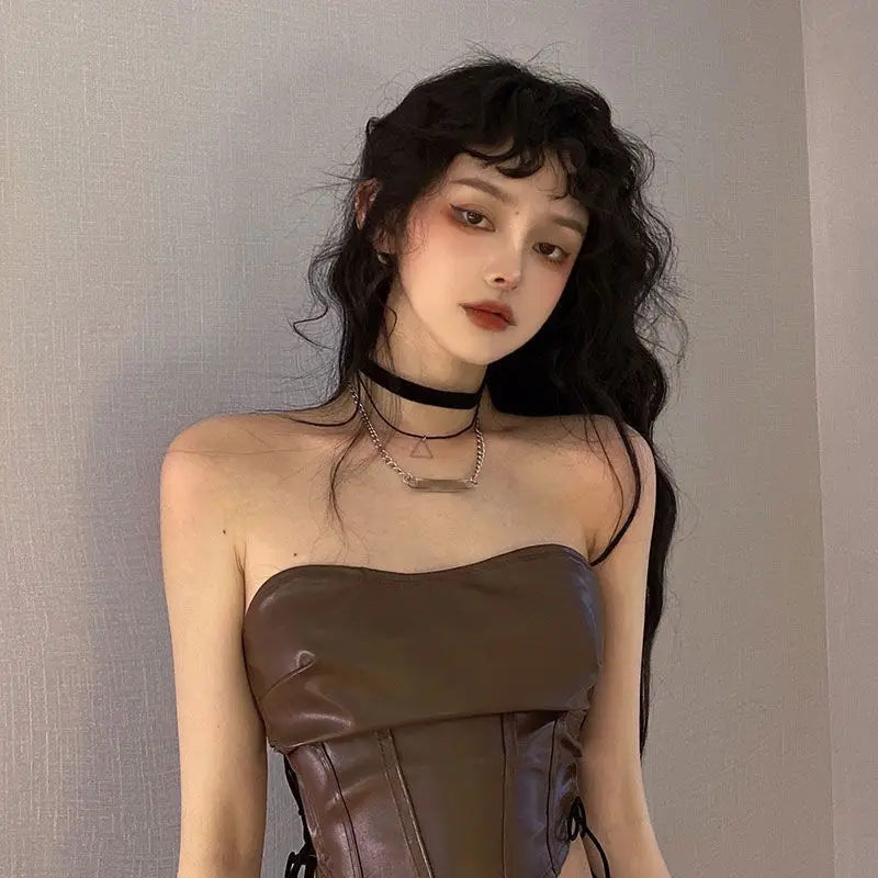 Flykcoozooi High Street Spicy Girl Lace up Waist Slimming Irregular Strapless Tube Top Brown Leather Camisole Crop Tops Women