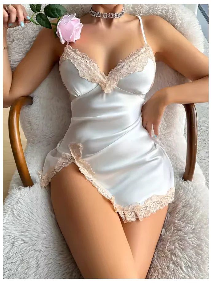 Contrast Lace Satin Nightdress Deep V Backless Lace Up Split Slip Sleep Dress Women's Sleepwear