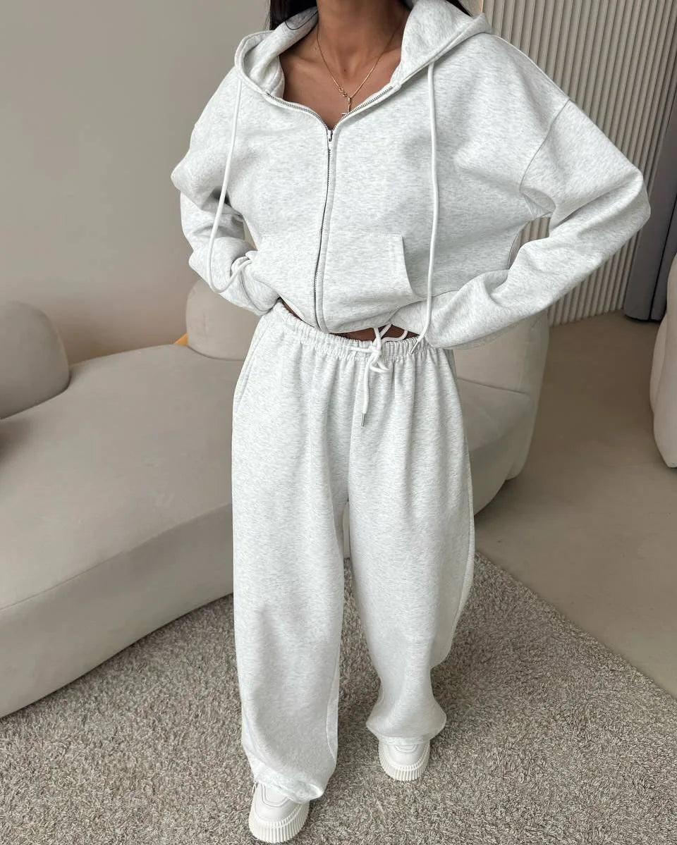 Women's Casual Hooded Cardigan Sweater And Trousers Two-Piece Set Long Sve Zipper Closure Summer Faion Outfit