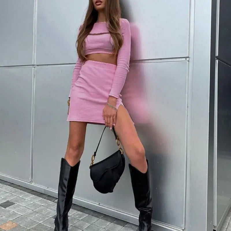 X5XA Womens Summer Solid Color 2 Piece Outfit Hollow Out Long Sleeve Crop Tops and Bodycon Mini Skirt Set Sexy Y2K Outfits