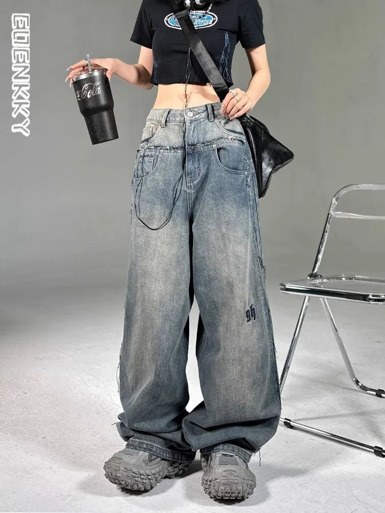 Women’s Vintage Wide-Leg Cargo Jeans – Y2K Streetwear Denim