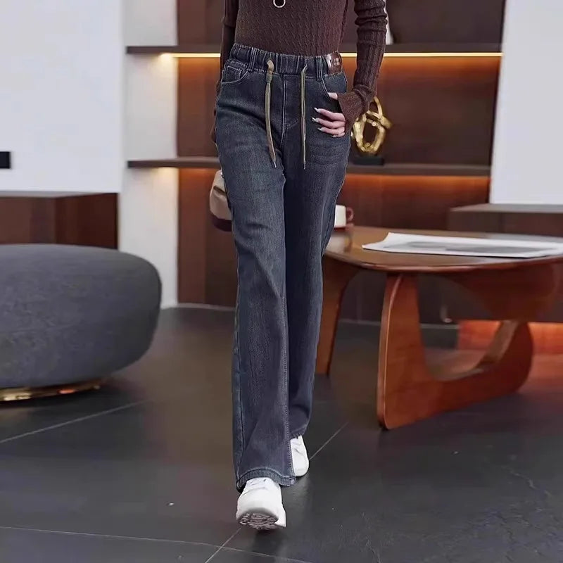 High Waist Wide Leg Jeans Women's Light Color Elastic Waist Dstring Loose Floor-Length Trousers plus Size Slimming Effect