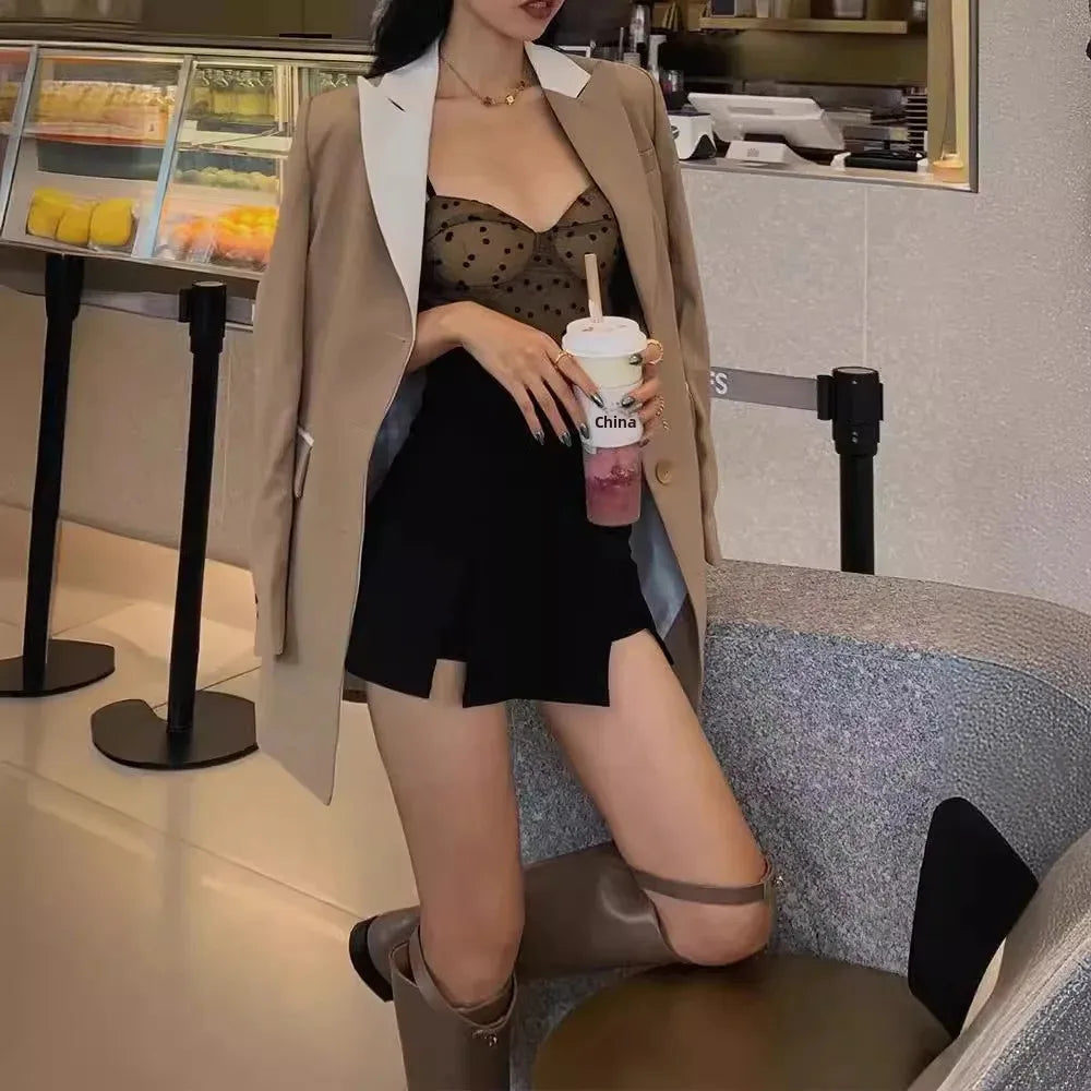 Black Mini Mini Skirt Women's Small Size Half-length Summer Slimming Spicy Girl Slit Bodycon High Waist A- line Pants Skirt