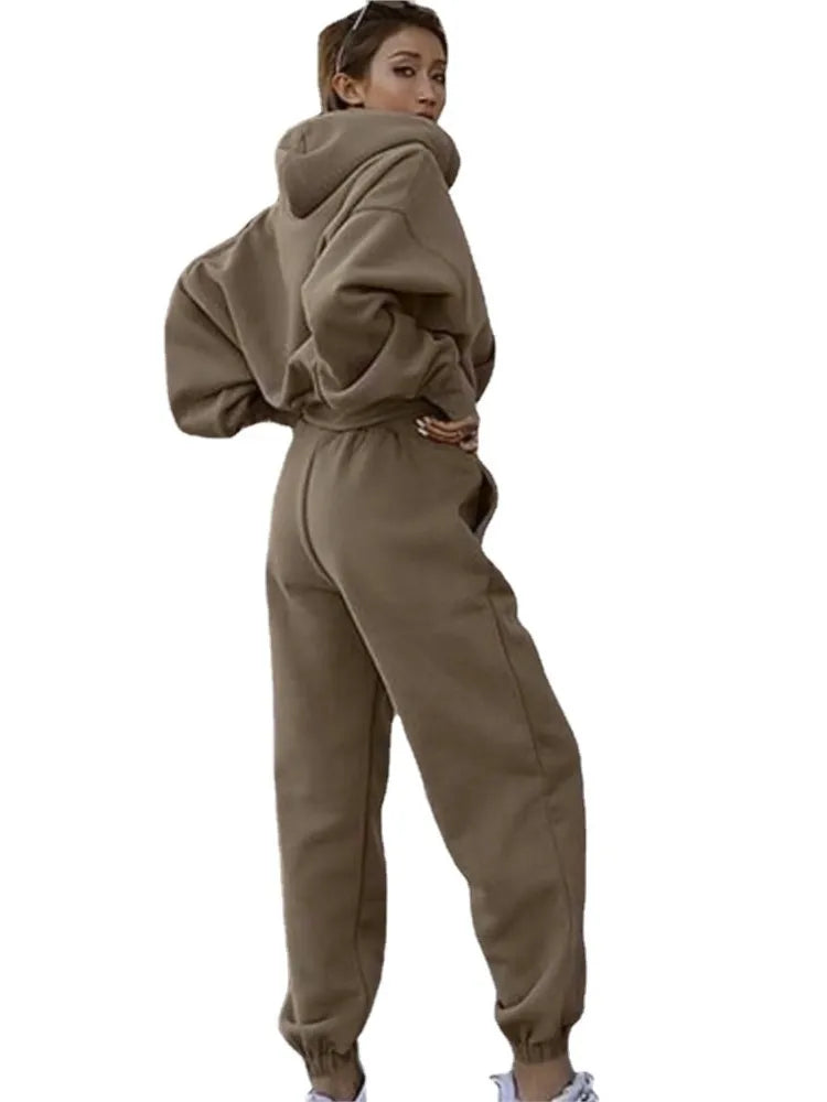 Two piece set of women's solid color drawstring hooded sweatshirt pants sports suit 2024 autumn/winter new casual streetwear