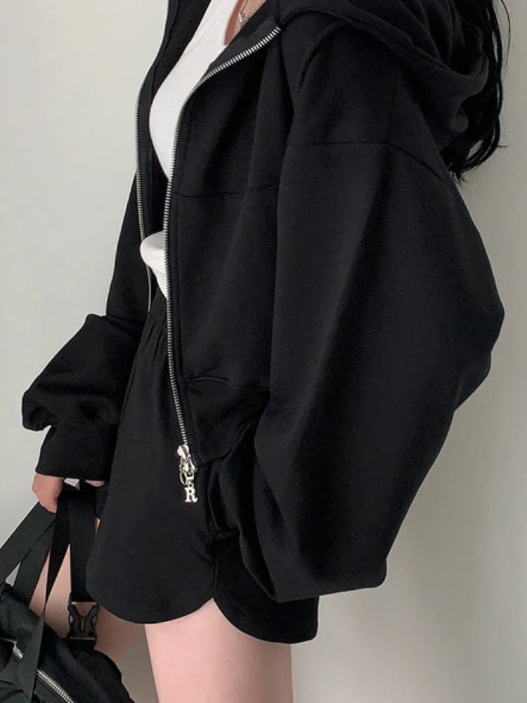 Chic Early Autumn Retro Hooded Zipper Sweatirt Jaet High Waist Slimming Versatile Wide Leg orts Women's Faion Set