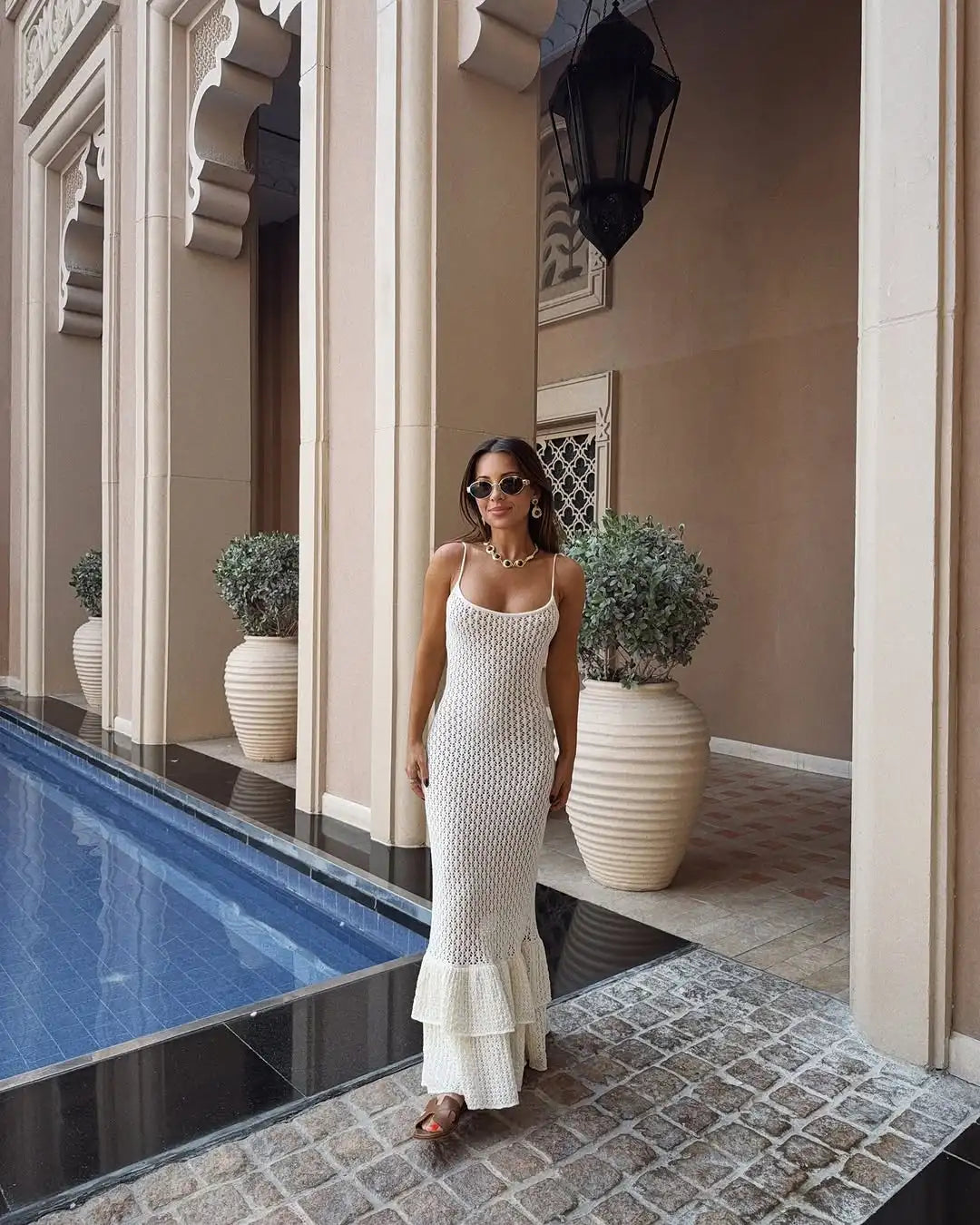 Backless Ruffle Knit Maxi Dress