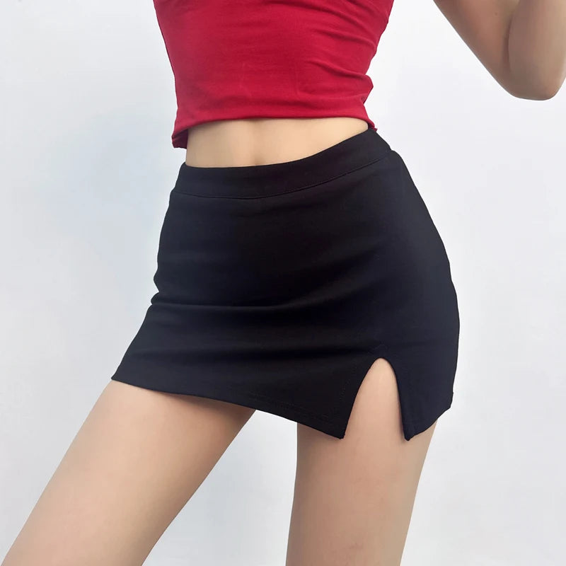 American Style Retro Spicy Girl Low Waist Midi Skirt Women Niche Design Sense Side Split Fork Slim Wrap Hip Short Skirt 04BB