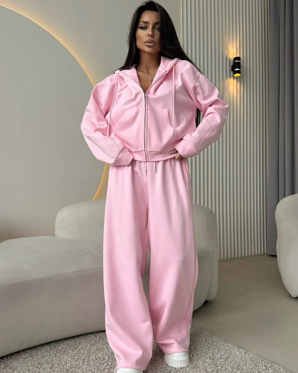 Women's Casual Hooded Cardigan Sweater And Trousers Two-Piece Set Long Sve Zipper Closure Summer Faion Outfit