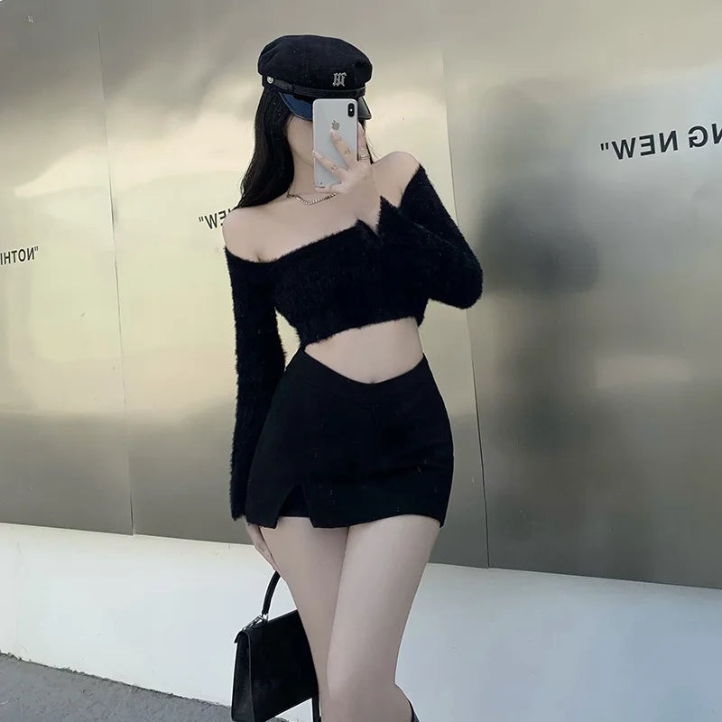 Black Split Mini Skirts Women Summer Sexy Club High Waist Slit Skirt Streetwear Korean Party Fashion Irregular Slim A Line Skirt