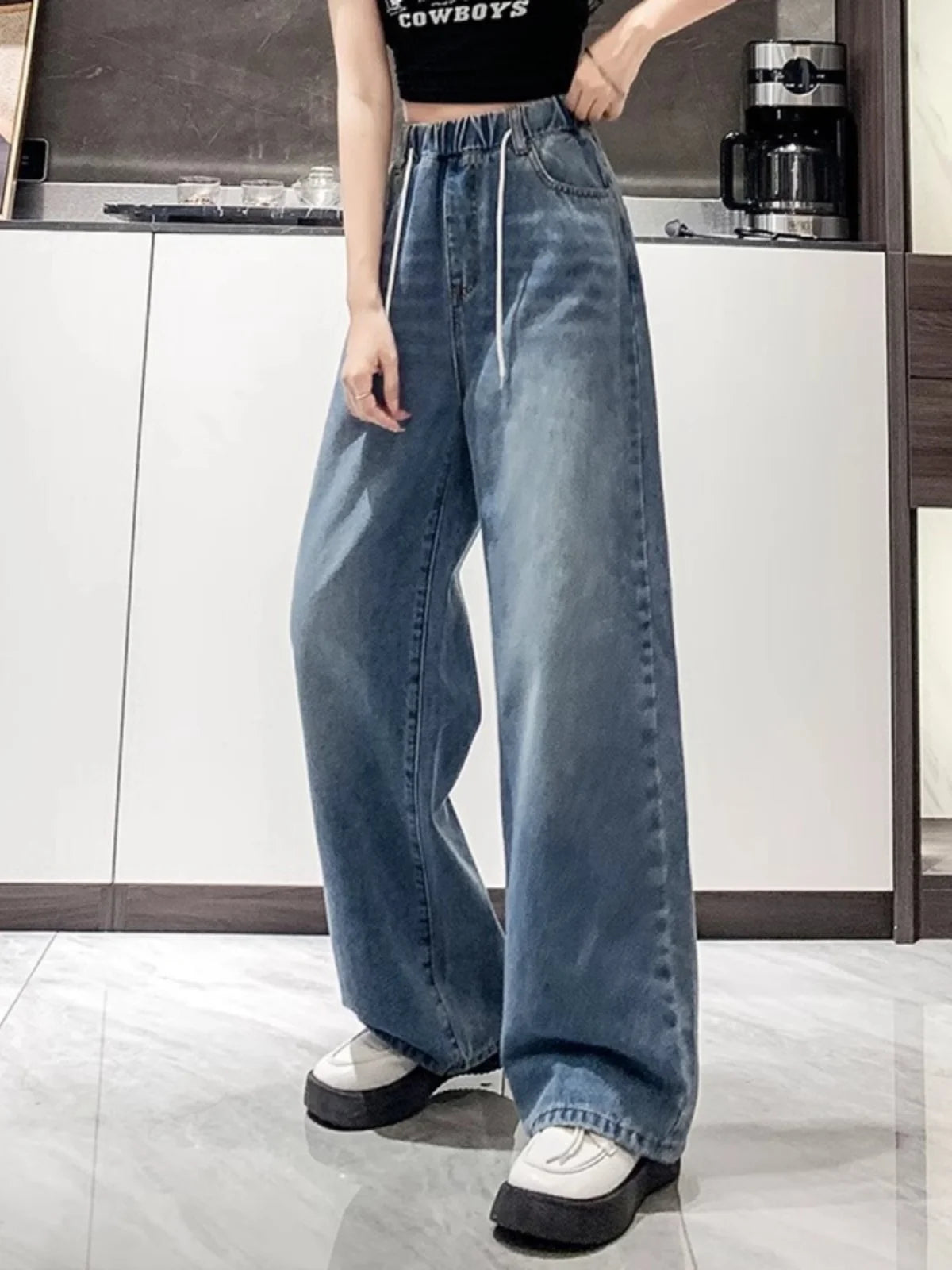 High Waist Wide Leg Jeans Women's Light Color Elastic Waist Dstring Loose Floor-Length Trousers plus Size Slimming Effect