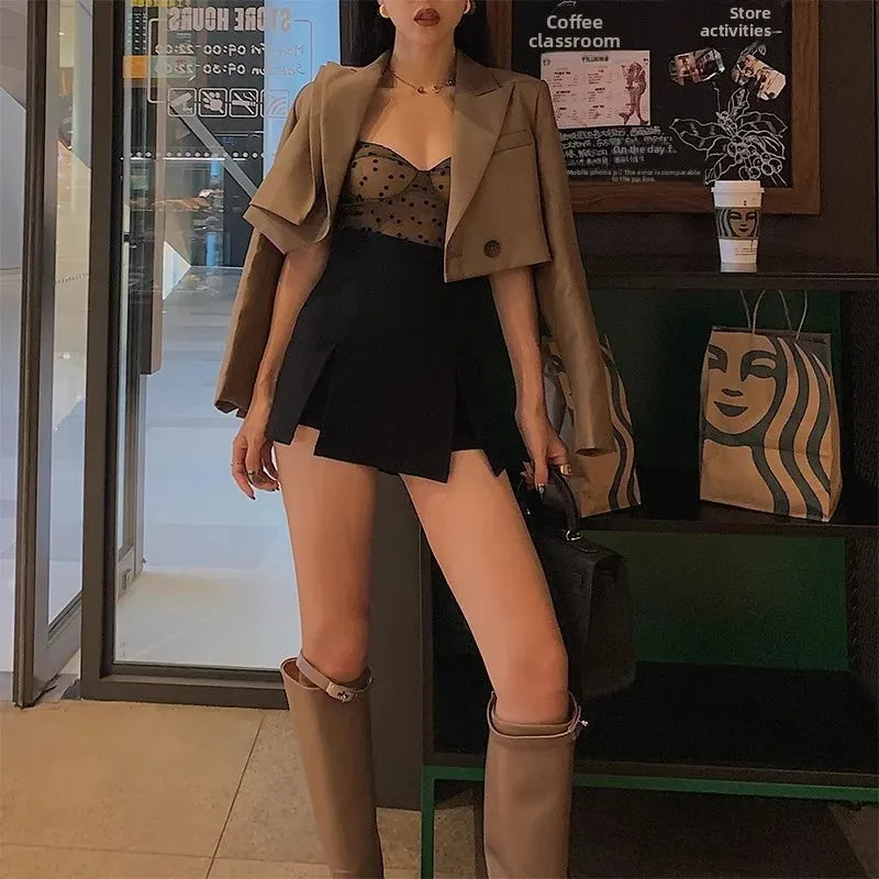Black Mini A- Line Skirt High Waist Small Size Women's Summer Slimming Sexy Split Wrap Bodycon Skirt Polyester Fiber