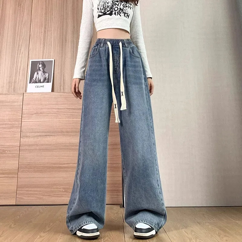 High Waist Wide Leg Jeans Women's Light Color Elastic Waist Dstring Loose Floor-Length Trousers plus Size Slimming Effect