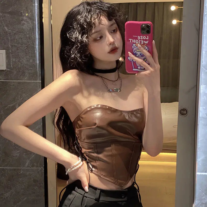 Flykcoozooi High Street Spicy Girl Lace up Waist Slimming Irregular Strapless Tube Top Brown Leather Camisole Crop Tops Women