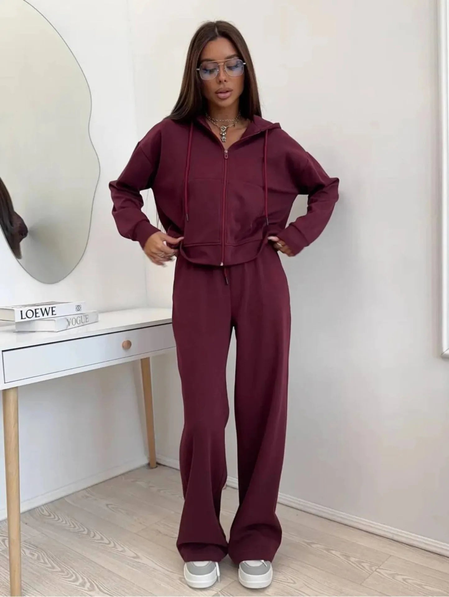 Women's Casual Hooded Cardigan Sweater And Trousers Two-Piece Set Long Sve Zipper Closure Summer Faion Outfit