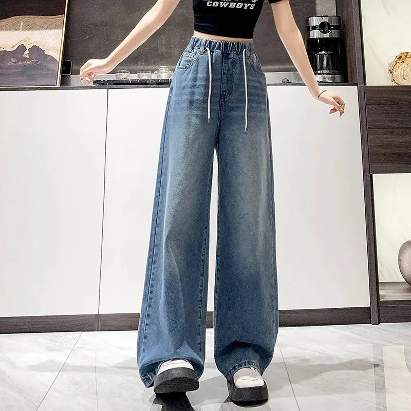High Waist Wide Leg Jeans Women's Light Color Elastic Waist Dstring Loose Floor-Length Trousers plus Size Slimming Effect