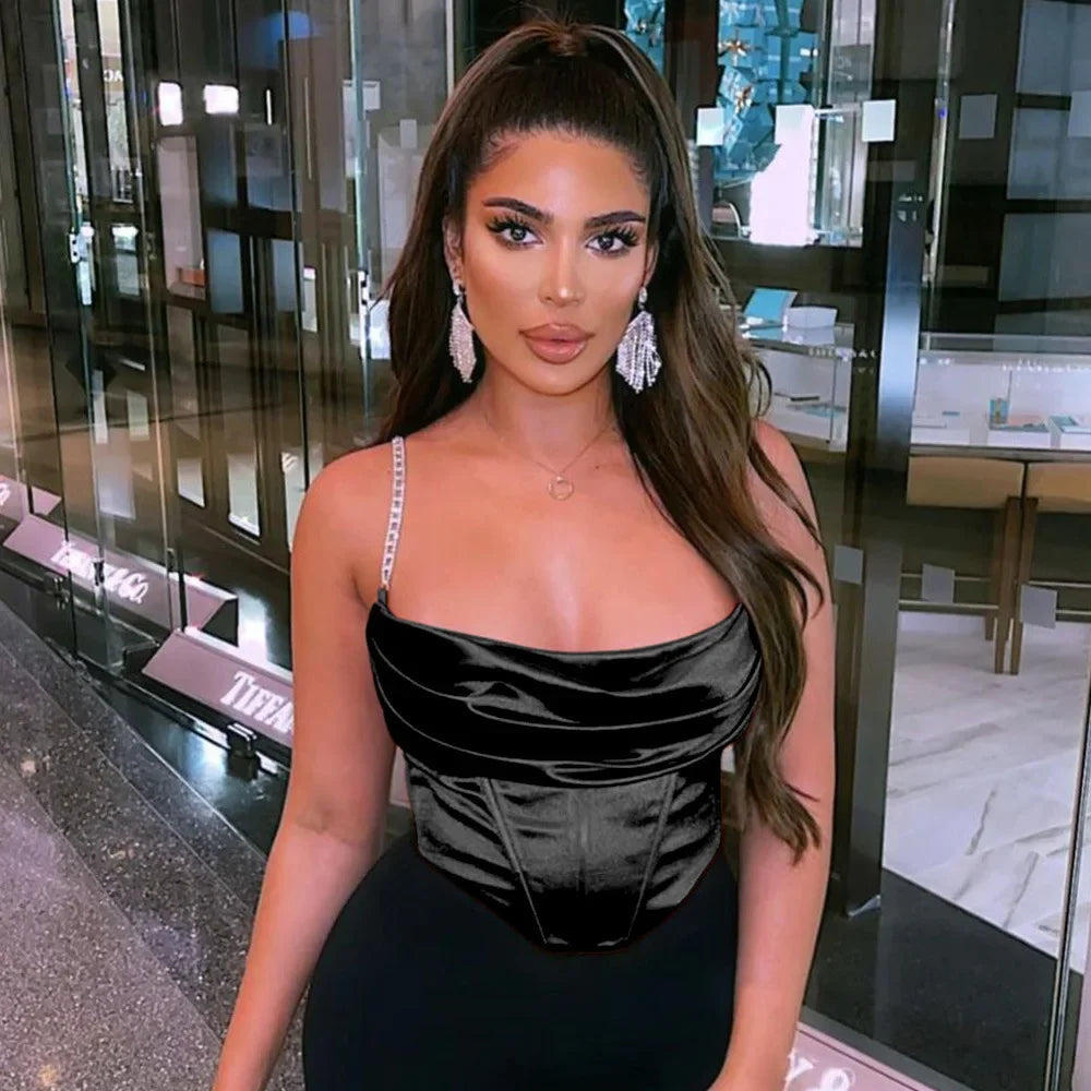 Summer Women's Diamond Chain Crop Top Aesthetic Solid Color Tank Top Y2k Streetwear Sleeveless Thin Straps Corset Tops Camisole
