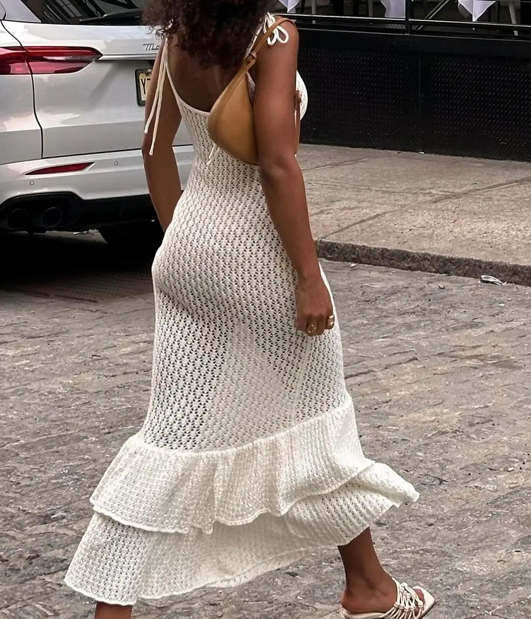 Elegant Backless Hollow Out Knit Long Dresses Summer New Layered Ruffles Edge Bodycon Maxi Dress Summer Vocation Beach Robes