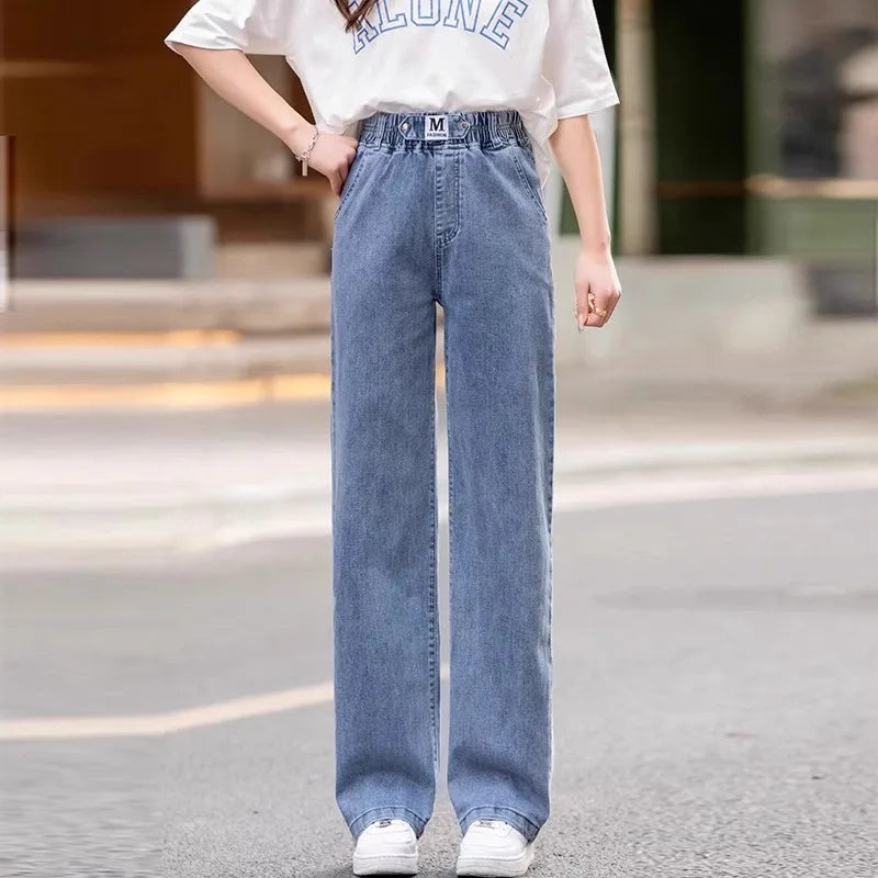 High Waist Wide Leg Jeans Women's Light Color Elastic Waist Dstring Loose Floor-Length Trousers plus Size Slimming Effect