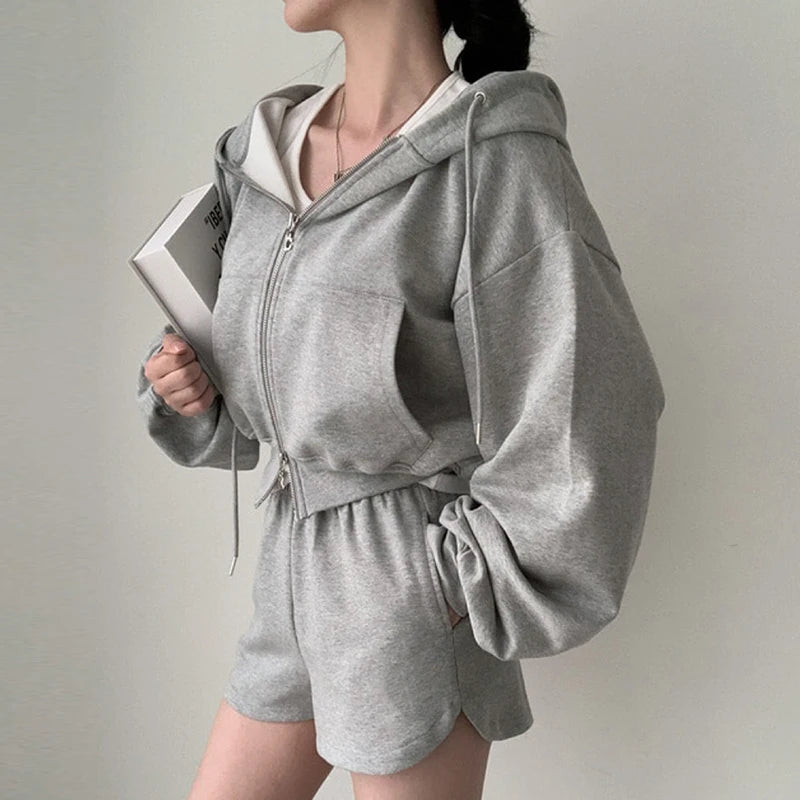 Chic Early Autumn Retro Hooded Zipper Sweatirt Jaet High Waist Slimming Versatile Wide Leg orts Women's Faion Set