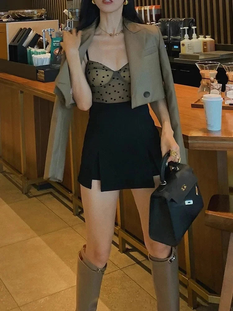 Black Mini A- Line Skirt High Waist Small Size Women's Summer Slimming Sexy Split Wrap Bodycon Skirt Polyester Fiber