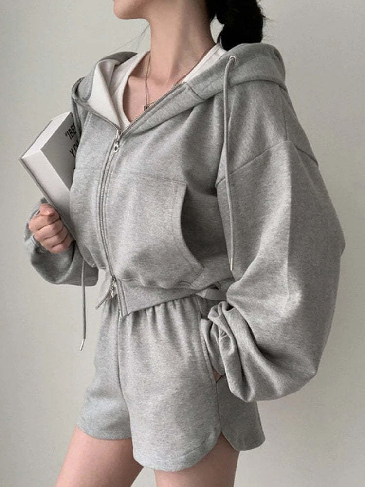 Chic Early Autumn Retro Hooded Zipper Sweatirt Jaet High Waist Slimming Versatile Wide Leg orts Women's Faion Set