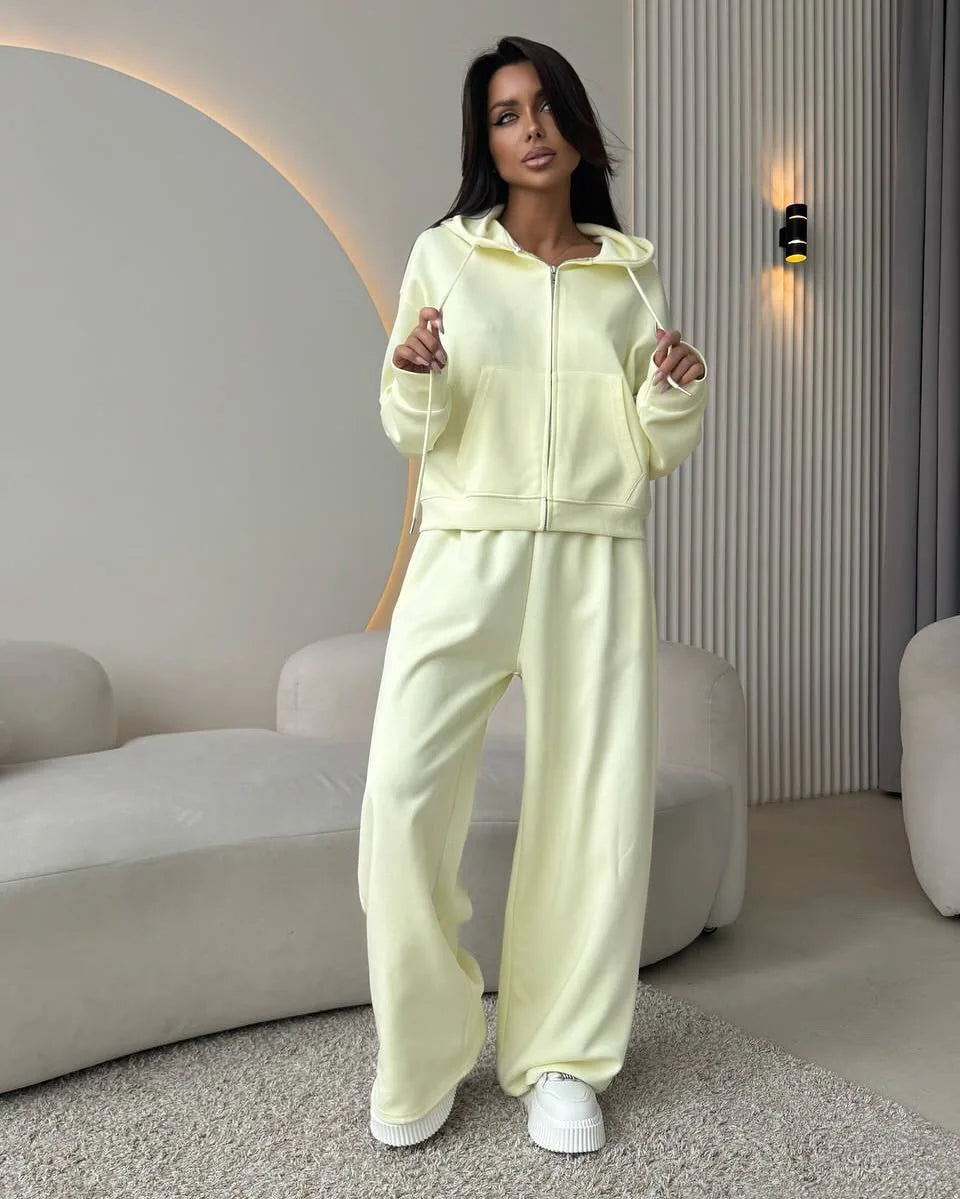 Women's Casual Hooded Cardigan Sweater And Trousers Two-Piece Set Long Sve Zipper Closure Summer Faion Outfit