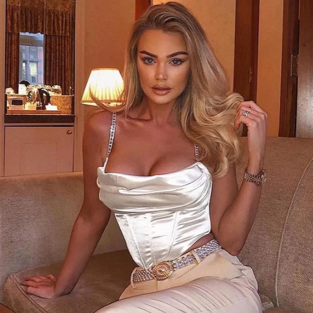 Summer Women's Diamond Chain Crop Top Aesthetic Solid Color Tank Top Y2k Streetwear Sleeveless Thin Straps Corset Tops Camisole
