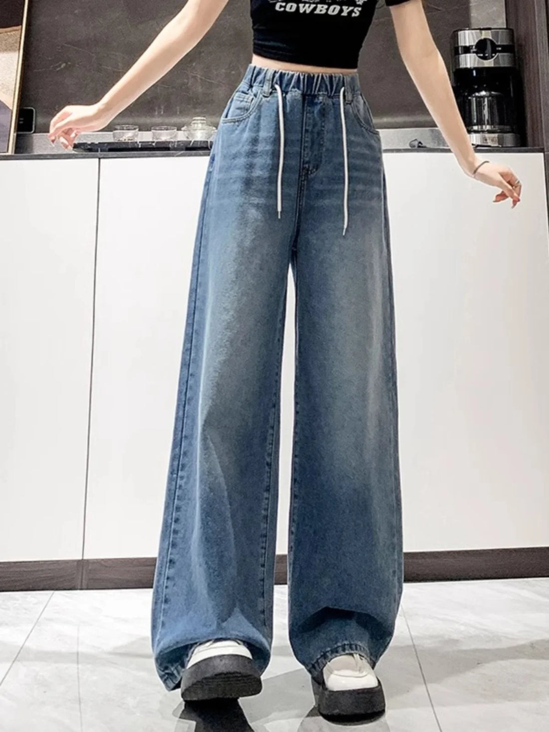 High Waist Wide Leg Jeans Women's Light Color Elastic Waist Dstring Loose Floor-Length Trousers plus Size Slimming Effect