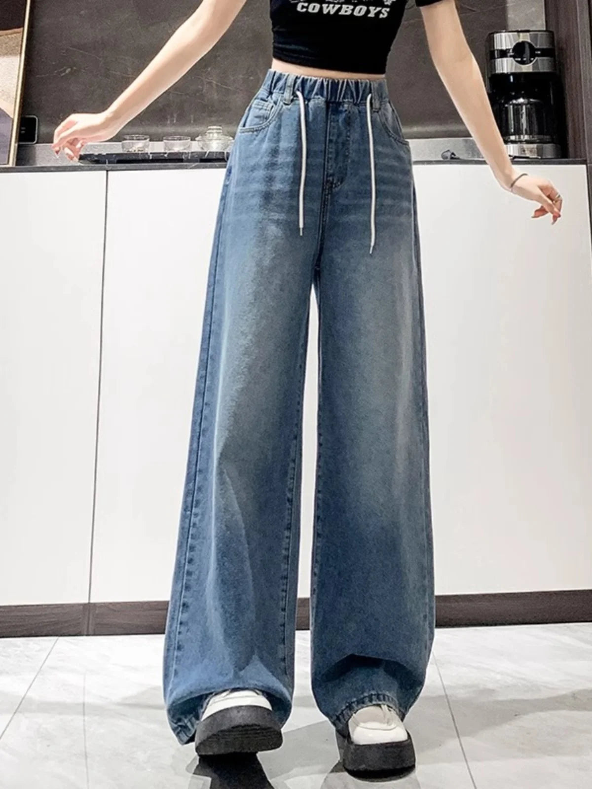 High Waist Wide Leg Jeans Women's Light Color Elastic Waist Dstring Loose Floor-Length Trousers plus Size Slimming Effect