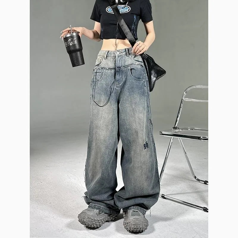 American New Fashion Letter Embroidered Baggy Jeans Women Y2K High Street Harajuku Vintage Gothic Straight Versatile Mop Pants