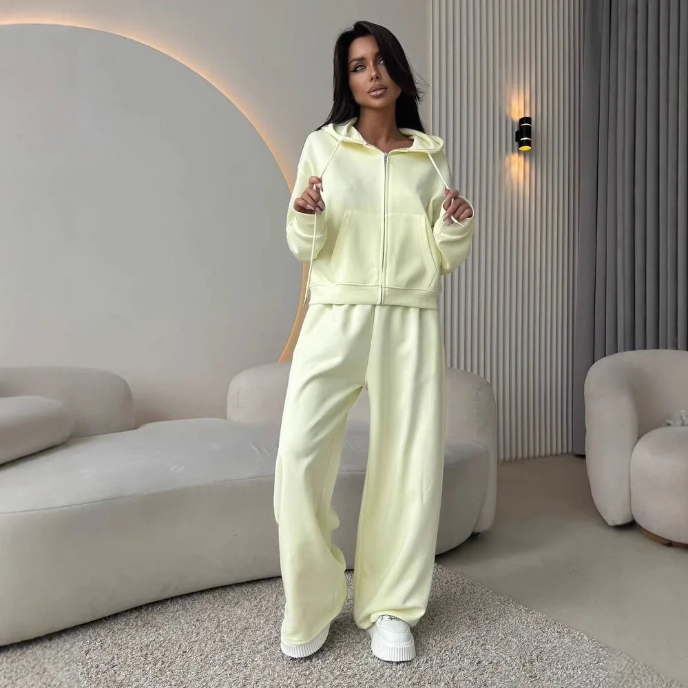 Women's Casual Hooded Cardigan Sweater And Trousers Two-Piece Set Long Sve Zipper Closure Summer Faion Outfit