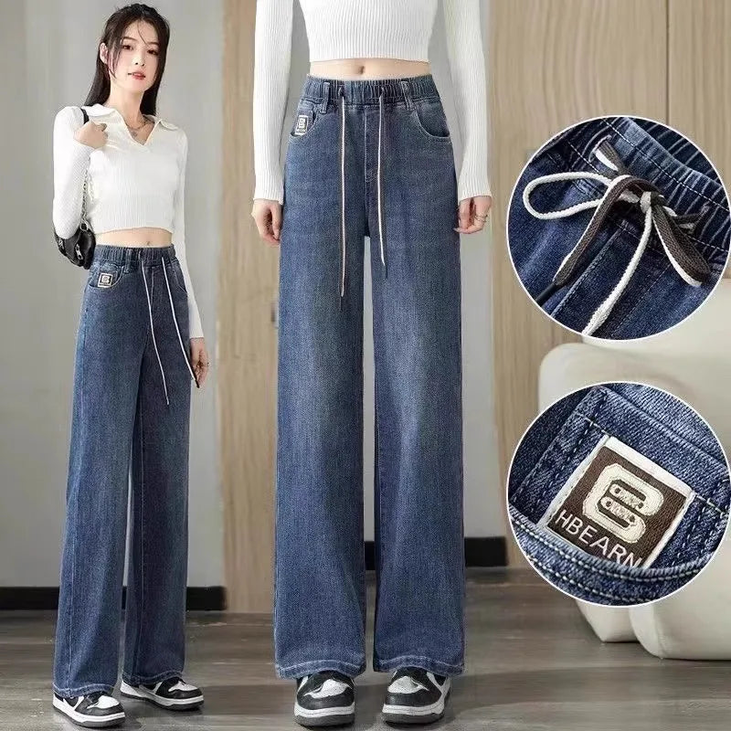 High Waist Wide Leg Jeans Women's Light Color Elastic Waist Dstring Loose Floor-Length Trousers plus Size Slimming Effect