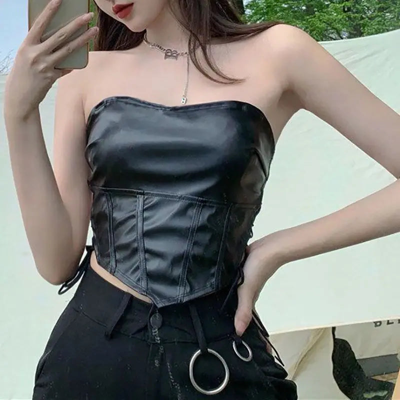 Flykcoozooi High Street Spicy Girl Lace up Waist Slimming Irregular Strapless Tube Top Brown Leather Camisole Crop Tops Women