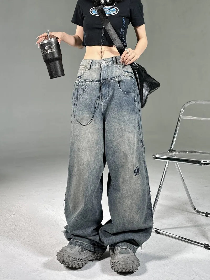 American New Fashion Letter Embroidered Baggy Jeans Women Y2K High Street Harajuku Vintage Gothic Straight Versatile Mop Pants